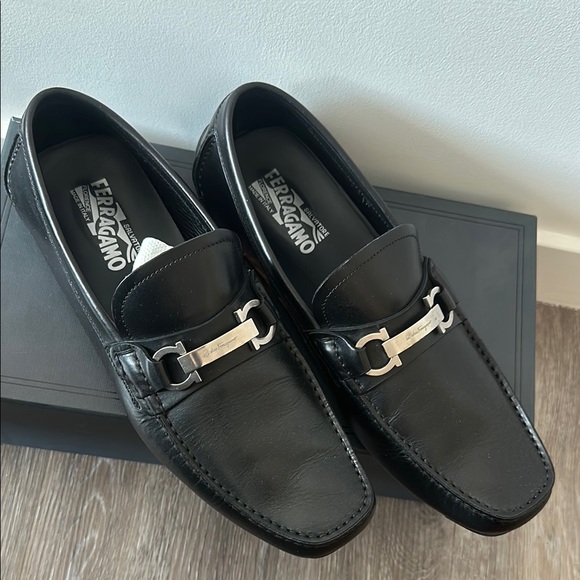 Ferragamo Black Leather Loafers with Silver Detail